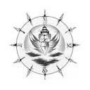 a lighthouse with a phoenix and 2 clocks as well as a lightning bolt a ship and a black telephone cord tattoo design idea