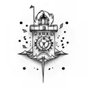 a lighthouse with a phoenix and 2 clocks as well as a lightning bolt a ship and a black telephone cord tattoo design idea