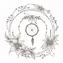 A dream catcher with each loop made of a different type of flower, with the moon shining through the center tattoo design idea