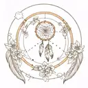 A dream catcher with each loop made of a different type of flower, with the moon shining through the center tattoo design idea