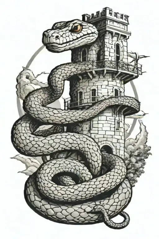 Snake coiled around a tower, eating the sun shining tattoo design idea