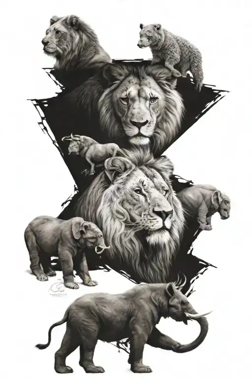 lion, bear and elephant unity strength tattoo design idea