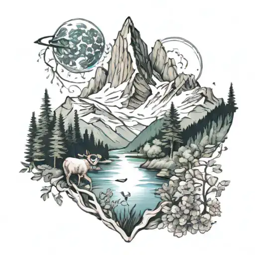 mother nature with mountains and wildlife tattoo design idea