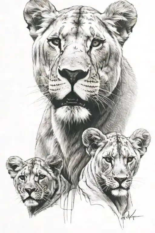lioness and 3 cubs face only tattoo design idea