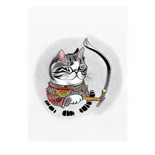 cat samurai full size katana big small sword tattoo design idea