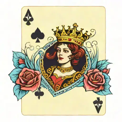 Black deck of cards highlighting a Queen of hearts in a lightblue card, with a golden crown on top tattoo design idea