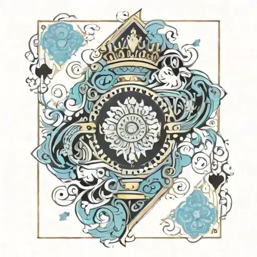 black deck of cards surrounding a lightblue queen of hearts card, with a crown on top of the card tattoo design idea