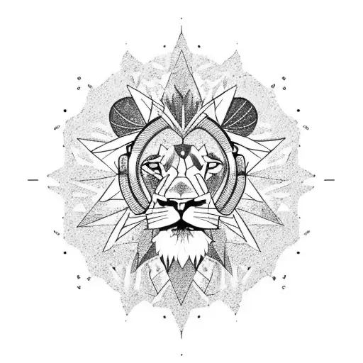 A determined lion with an intense expression in its eyes, standing on a globe to portray a love for travel, wearing headphones to represent an affinity for techno music, in dotwork style tattoo design idea