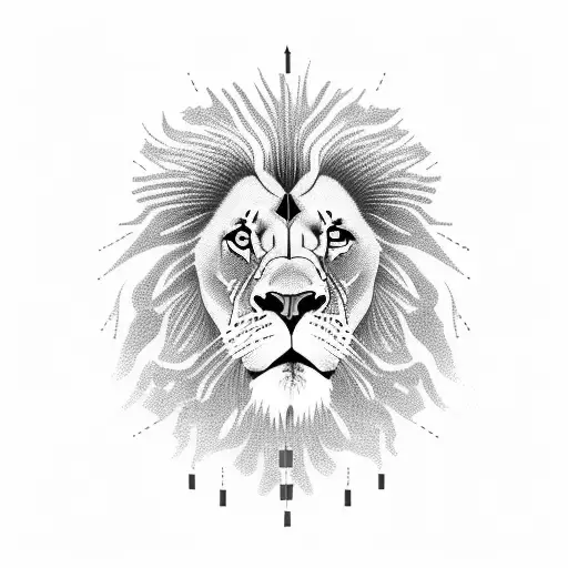 A determined lion with an intense expression in its eyes, standing on a globe to portray a love for travel, wearing headphones to represent an affinity for techno music, in dotwork style tattoo design idea