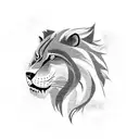 A roaring lion with a mane shaped like a lone wolf, surrounded by clock gears seamlessly woven into the mane symbolizing the battle against time, in blackwork style tattoo design idea