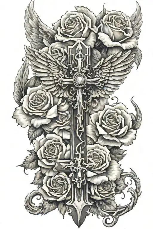 cross with angel wings and roses tattoo design idea