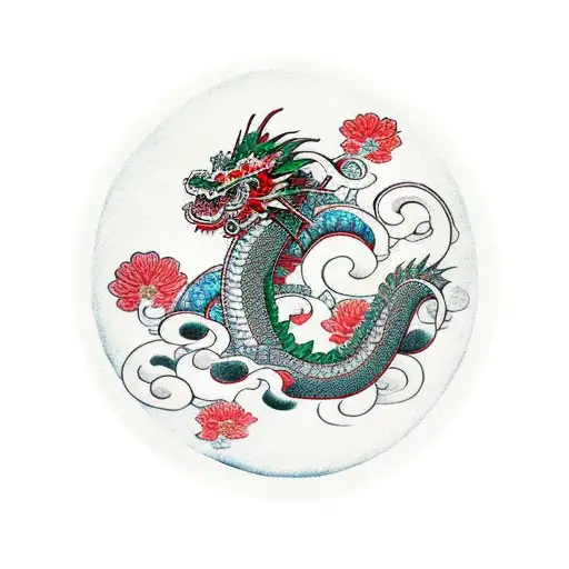 japanese dragon with a floral background tattoo design idea