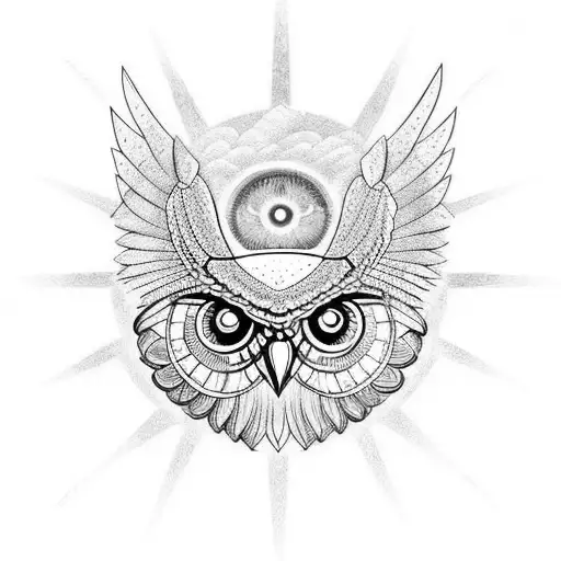 symmetrical owl in flight with all seeing eye tattoo design idea