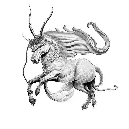 A tattoo of a mythical creature inspired by Roman mythology, set against a backdrop of Sicilian scenery, in a black-grey style tattoo design idea