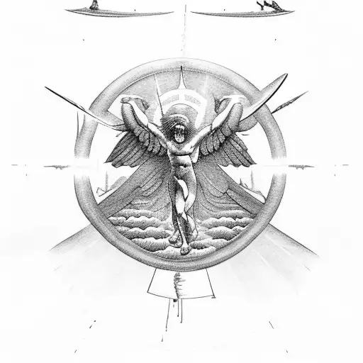 A tattoo depicting the fall of Icarus, with a mix of Roman mythology elements such as gods and goddesses, in a black-grey style tattoo design idea