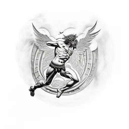 A tattoo depicting the fall of Icarus, with a mix of Roman mythology elements such as gods and goddesses, in a black-grey style tattoo design idea