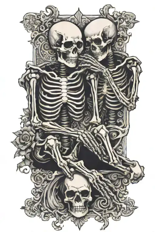 two small skeletons praying on knees with lace design background them upper arm sleeve tattoo  tattoo design idea