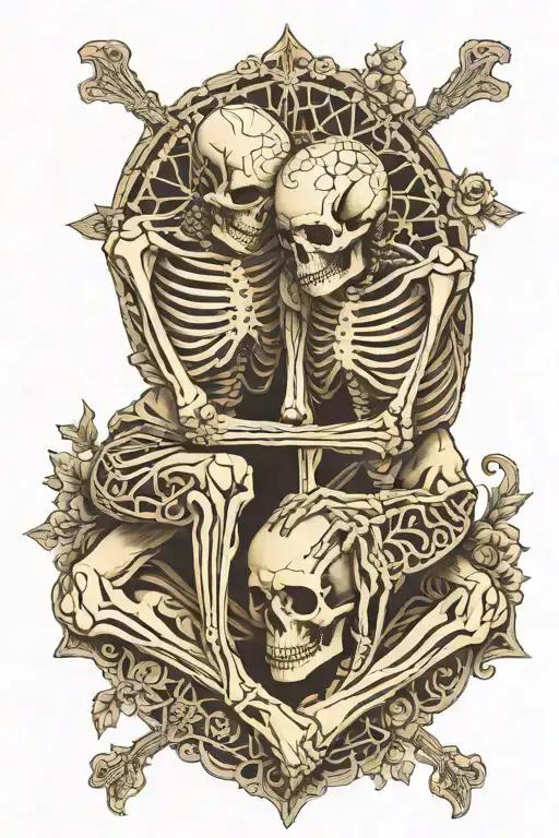 two skeletons praying on knee with lace patterns around them  tattoo design idea