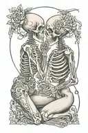 two small skeletons praying on knees with lace design around them upper arm sleeve tattoo  tattoo design idea