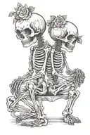 two small skeletons praying on knees with lace design around them upper arm sleeve tattoo  tattoo design idea