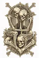 two skeletons praying on knee with lace patterns around them  tattoo design idea