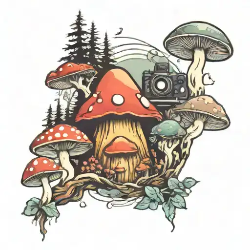 in this design should be  on forearm and in the design included camera travelling mushroom mountains  tattoo design idea