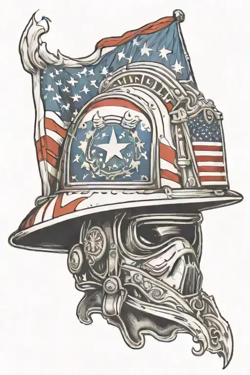 side view of a traditional fire helmet with flames surrounding it and an American flag waving in the background tattoo design idea