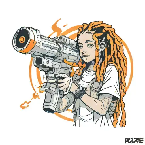 girl with dreads dressed in orane and holding a orange rocket launcher valorant raze tattoo design idea