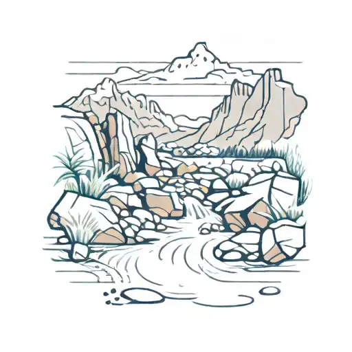 white water river flowing over rocks and large boulders with mountains in back ground.  tattoo design idea