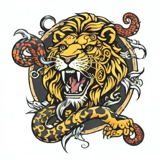 lion eating snake tattoo design idea