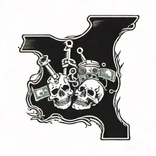 skulls money guns drugs incorporated tattoo design idea