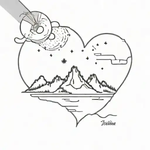 A minimalist tattoo of a heart shaped island in Alaska under the moonlight tattoo design idea