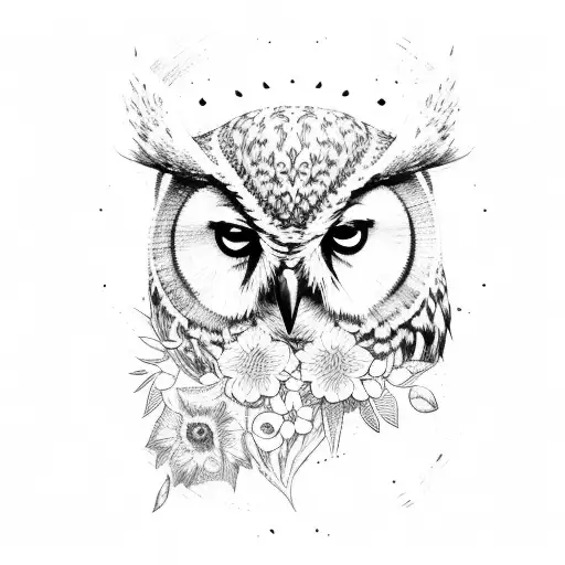 axe with myrtus flowers and owl tattoo design idea