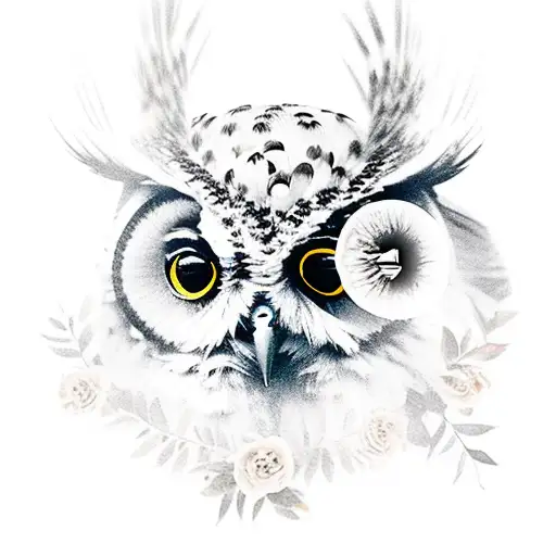 myrtus flowers and owl and an axe tattoo design idea