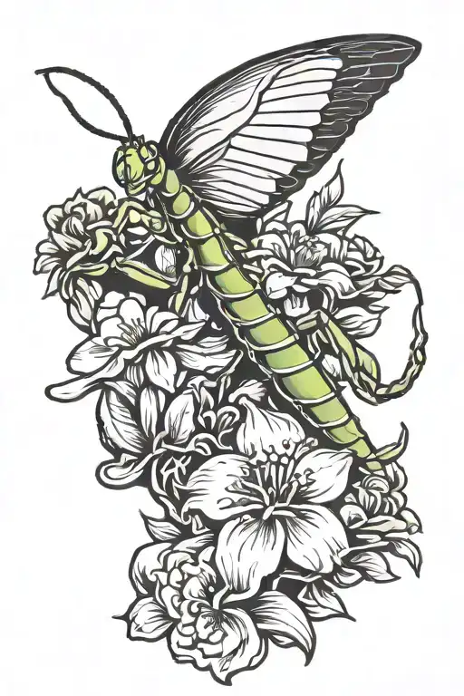 praying mantis surrounded by flowers tattoo design idea