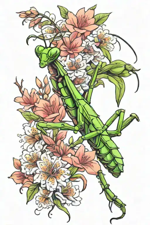 praying mantis surrounded by flowers tattoo design idea