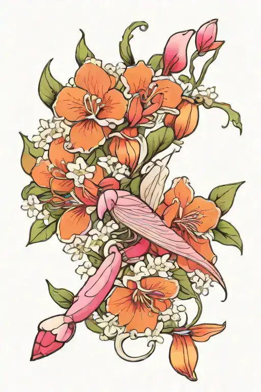 orchid mantis surrounded by flowers blooming tattoo design idea