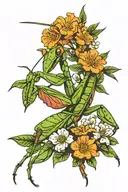 praying mantis surrounded by flowers tattoo design idea