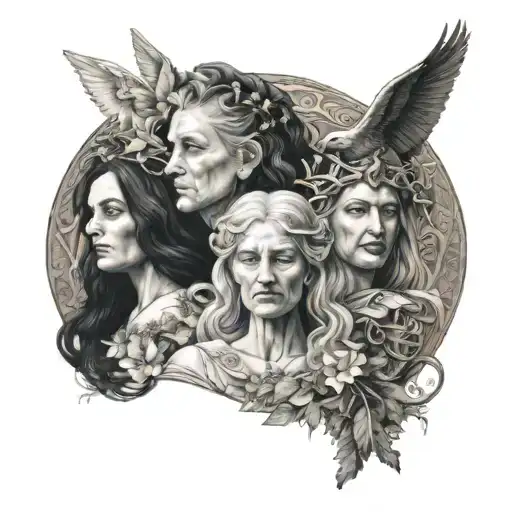 three goddesses, mother maiden crone heads tattoo design idea