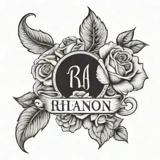 Rhiannon name engraved with roses blooming tattoo design idea