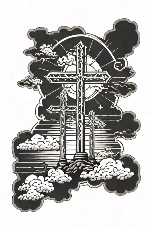 sunset with 3 crosses and clouds surrounding tattoo design idea