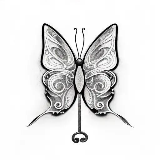A butterfly with musical notes on one side and magic flourishes on the other tattoo design idea