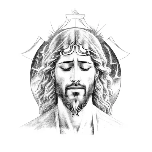 semi realism and semi sketch work of Jesus weeping in the garden of gethsemene, hair covering his face  tattoo design idea