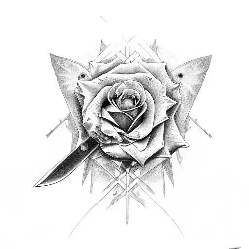rose with butterfly-knife cross over Among them 1969 in the fade from bottom to top tattoo design idea