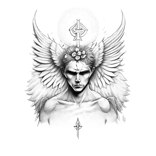 Archangel with flowers. There is no face to see. He has hughe wings tattoo design idea