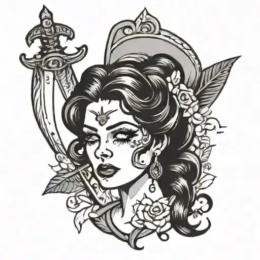 woman face with dark hair and a stuck dagger tattoo design idea
