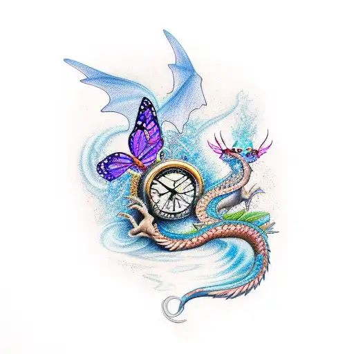 Butterfly with waterfall clock and dragon tattoo design idea