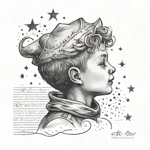 A black-grey portrait of the Little Prince gazing at the stars with a scripture from his adventures written in a delicate script font tattoo design idea