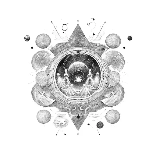 A cosmic orchestra of planets and stars forming a symphony, representing the harmony of music and space tattoo design idea