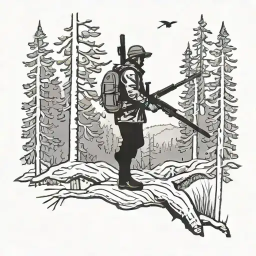 A detailed silhouette of a hunter with a rifle in a forest setting tattoo design idea